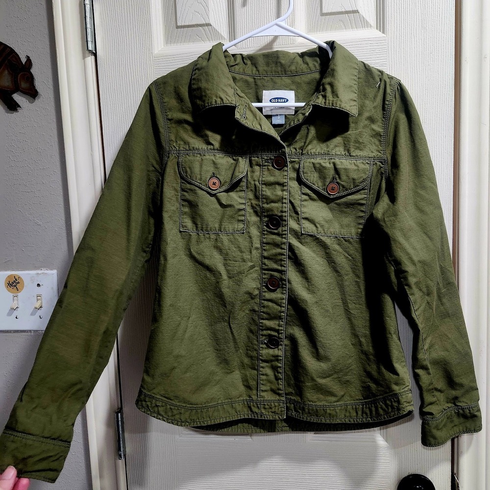 Old Navy Utility Shirt Jacket S Olive Green Embroidered Back Boho Aztec Cotton
